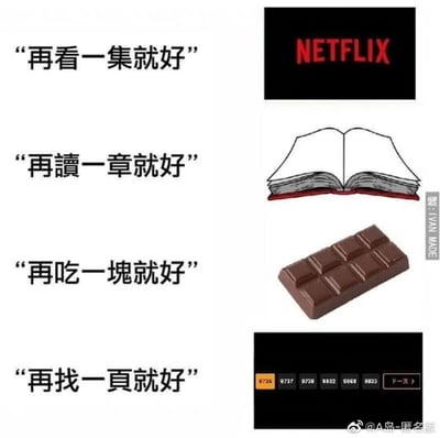 这张静态图文混排图，以上下排列的四个模块呈现，每个模块左侧配有一句精准戳中日常行为的中文文案，右侧对应匹配的视觉元素：第一模块文案「再看一集就好」对应知名流媒体平台奈飞（NETFLIX）的标识，指代人们观看剧集时明明计划只看一集，却忍不住继续刷剧的自控失效场景；第二模块文案「再读一章就好」对应一本摊开的厚书，形容阅读时总想再多读一章、迟迟不愿停下的状态；第三模块文案「再吃一块就好」对应一块分格的巧克力，代表吃零食时总说只吃最后一块，却难以停止进食的行为；第四模块文案「再找一页就好」对应论坛的翻页界面，指逛论坛、浏览内容时总想再翻一页寻找感兴趣内容的习惯。整张图通过贴近生活的细节，引发人们对自身类似行为的共鸣，用轻松的方式展现了日常中普遍存在的自控力小难题。