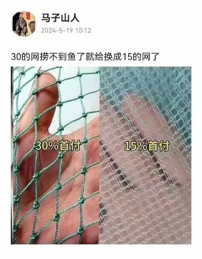这是一张社交媒体帖子截图，内容为左右对比的渔网照片。左侧是网眼较大的绿色渔网，标注“30%首付”；右侧是网眼更细密的浅色渔网，标注“15%首付”。帖子配文“30的网捞不到鱼了就给换成15的网了”，通过渔网网眼大小的对比，隐喻房地产市场中首付比例从30%降至15%的政策调整，以“捞鱼”比喻吸引购房者。