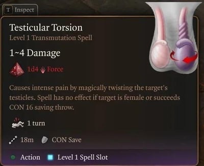 这是一张模仿桌面角色扮演游戏(RPG)风格的法术卡，标题为“Testicular Torsion”（睾丸扭转），属于一级变形术。卡片详细列出了法术信息：伤害值1~4点，类型为1d4力场伤害；效果是通过魔法扭曲目标的睾丸造成剧烈疼痛，对女性目标无效，若目标通过体质16的豁免检定也无效；持续1回合，射程18米，需要动作施放并消耗一级法术位。右侧配有插图，展示两个睾丸，其中一个被红色箭头标注为扭曲状态。卡片设计采用深色背景搭配金色边框，模仿经典游戏法术卡的UI元素，整体风格幽默恶搞，将医学病症“睾丸扭转”戏仿为RPG法术。