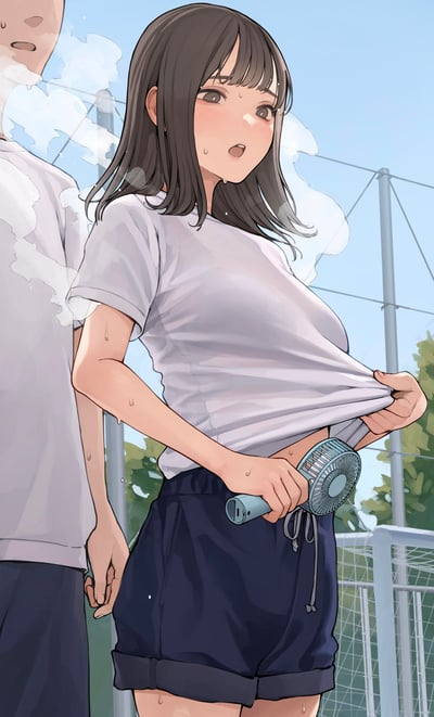这是一幅日系二次元风格插画，展现了盛夏校园户外的燥热场景：画面中心的齐肩黑发女生身着白色短袖运动T恤与深蓝色短裤，浑身布满汗珠，正掀起T恤下摆，用手持小风扇对准腹部吹风降温，脸上带着燥热难耐、微微喘气的神情；她身侧的男生同样满头大汗，张嘴喘气，周围的热气特效更凸显了高温感。背景是学校操场的围栏与晴朗蓝天，生动还原了夏日酷暑里学生的狼狈降温瞬间。