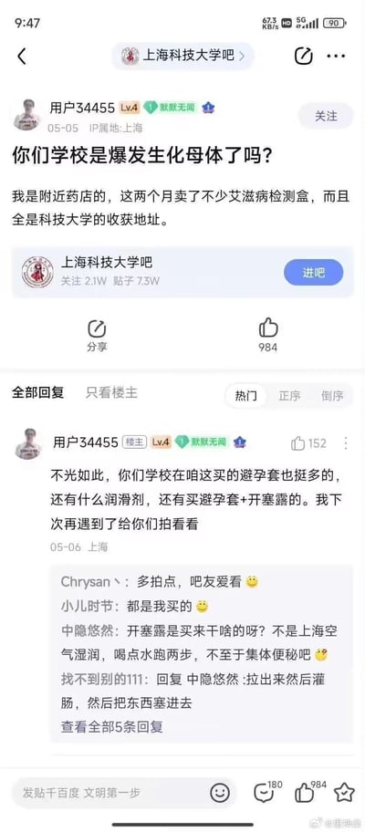 这是百度贴吧「上海科技大学吧」的一则爆料帖截图，楼主自称是学校附近药店的从业者，于5月5日发帖称近两个月有大量收货地址为上海科技大学的订单购买艾滋病检测盒，随后在5月6日补充爆料，还有很多该校学生购买避孕套、润滑剂，甚至出现「避孕套+开塞露」的组合订单。该帖引发吧友热议，有吧友玩梗求图，也有吧友好奇开塞露的用途，另有吧友回复低俗暗示了该组合的另类用法。
其中「避孕套+开塞露」的组合及相关回复带有低俗性暗示内容。