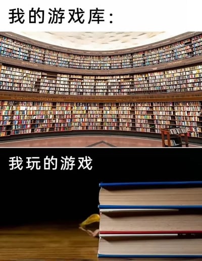 该图为上下对比形式的趣味梗图，上半部分配文“我的游戏库：”，搭配了一座多层环形、书架上摆满海量书籍的超大型图书馆的画面，形象比喻很多玩家账号中囤积了数量极多的已入库游戏；下半部分配文“我玩的游戏”，搭配的画面是仅有三本厚书堆放在前方，还有一个小角色躲在书的后方，用来比喻玩家实际真正游玩的游戏数量极少，通过巨大的反差感调侃了玩家买游戏远多于玩游戏的普遍现状，诙谐生动。