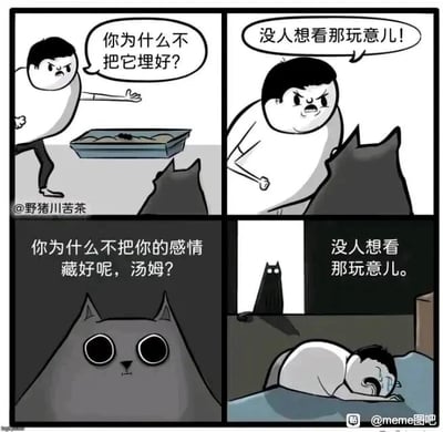 这是一幅四格连环讽刺漫画，通过人类与猫的反向互动制造幽默与反思。第一格中，愤怒的男人指着猫砂盆里未埋好的粪便，质问面前的灰色猫；第二格男人情绪升级，怒吼着表示没人想看粪便；第三格视角转换，灰色猫用同样的语气反问男人“你为什么不把你的感情藏好呢，汤姆？”；第四格揭示场景：男人正趴在床上崩溃大哭，灰色猫在一旁冷漠地重复“没人想看那玩意儿”，还有一只黑猫在暗处旁观。漫画以双标的反差感，讽刺了人类要求他人遵守规则，自己却做不到隐藏负面情绪的行为，用猫的视角戳破这种双标，带来黑色幽默的同时引发共鸣。