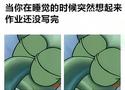 图片上方为黑色粗体文字“当你在睡觉的时候突然想起来作业还没写完”，下方是两张左右并排的绿色圆形物体特写图，疑似动画角色的背部或身体局部。两张图片内容高度相似，细微差异可能暗示角色因突然想起未完成作业而产生的瞬间反应，整体营造出学生群体常见的睡前焦虑与惊恐的搞笑场景。