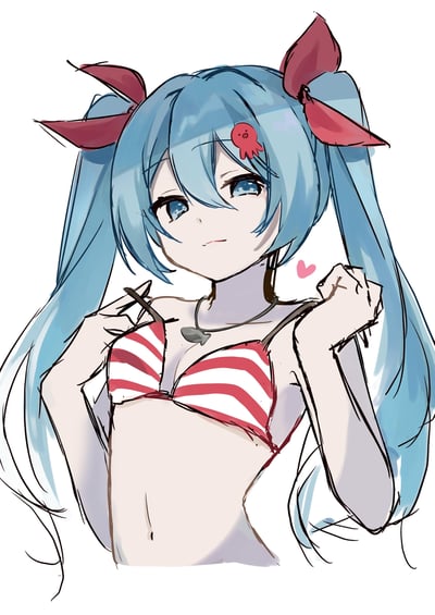 这是一幅初音未来的同人插画，经典的蓝双马尾搭配红色蝴蝶结发饰，额间别着可爱的章鱼小发夹，身着红白条纹比基尼，双手轻拉肩带，旁边还有粉色小爱心点缀，整体风格清新可爱，充满夏日海滨氛围。