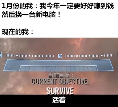 这是一张对比类梗图，上方文字描述1月份的自己充满干劲，立志今年好好赚钱换一台新电脑；下方则是“现在的我”，配图为带有游戏界面风格的截图，显示“当前目标：CURRENT OBJECTIVE: SURVIVE”，底部标注“活着”。通过强烈的目标反差，幽默地表现了从年初雄心壮志到后来只求生存的无奈与自嘲。