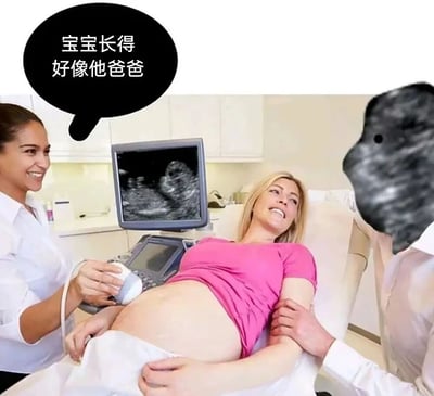 这是一张经过趣味P图创作的搞笑梗图，场景设定在医院的超声检查室：一位穿粉色上衣的孕妇躺在检查床上接受B超检查，左侧的超声医生手持探头操作仪器，笑着说出“宝宝长得好像他爸爸”；而画面右侧的准爸爸，脸部被替换成了B超屏幕里胎儿的超声图像，和屏幕上的影像几乎完全一致，孕妇则露出尴尬又无奈的表情。这张图通过将准爸爸的脸与胎儿B超图强行关联，用荒诞的视觉效果呼应医生的台词，制造出强烈的喜剧反差感。
