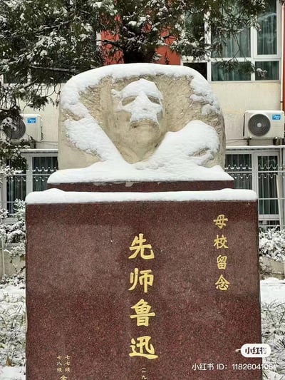 这是一张冬日雪后的校园实拍图，画面核心是一座鲁迅石雕头像，积雪覆盖在雕像的面部、肩头与基座顶部，让原本肃穆的雕像更添清冷厚重感。红棕色的基座上刻有金色文字：正面为「先师鲁迅」，右侧是「母校留念」，左下角可见「七七级」「七八级」字样，推测是该两级校友为母校敬献的纪念雕像。背景是带有志高空调外机的教学楼，周围树木也积着白雪，整体氛围静谧肃穆。