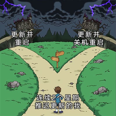 这是一张卡通风格的网络梗图，画面采用经典的岔路口选择场景：一名卡通人物站在岔路口前，人物下方标注“连续2个星期推迟更新的我”；两条岔路尽头是笼罩在雷电乌云下的阴森城堡，分别标注“更新并重启”和“更新并关机重启”。图中用恐怖氛围的城堡暗示用户对系统更新的抗拒，生动表现了长时间推迟更新后，面对两种看似差异不大但又不得不做的更新选择时的纠结与无奈，精准戳中数码产品用户在系统更新时的普遍痛点。