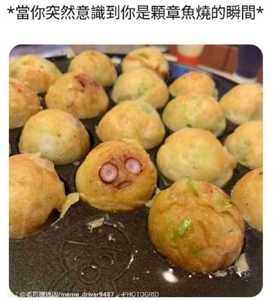 这是一张静态单图，展示了放置在专用烤盘中的多颗章鱼烧，这些章鱼烧呈现出刚制作完成的状态，表面金黄。其中位于画面中下方的一颗章鱼烧，其内部露出的章鱼块位置十分巧合，形成了类似人类惊讶、呆滞的人脸表情——两块章鱼圈像瞪大的眼睛，下方的小缺口像微张的嘴。图片上方配有文字“当你突然意识到你是颗章鱼烧的瞬间”，通过拟人化的创意，将这颗章鱼烧的巧合表情和“突然发现自己是食物”的脑洞结合，制造出荒诞又搞笑的反差感，仿佛这颗章鱼烧刚得知自己的身份，陷入震惊之中。