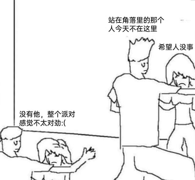 这是一幅线稿风格的静态卡通漫画，描绘了派对上的几名参与者，他们都流露出低落惆怅的神情，互相感慨“站在角落里的那个人今天不在这里”“希望人没事”“没有他，整个派对感觉不太对劲:(”。实际上那个“被想念的角落的人”就是画面左侧的竖线所代表的角色，他一直作为背景的一部分被所有人忽略，直到他缺席，大家才察觉到派对的异样。这幅图通过视觉错位和反差感制造黑色幽默，调侃了那些总是被群体忽略的边缘人，当他们不在时，群体才会意识到早已习惯了他们的存在。