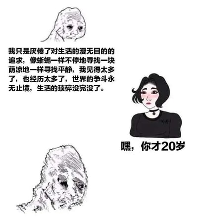 这是一张图文混排的静态自嘲梗图，画面由三个卡通形象和对应文字构成。最上方是一个面容疲惫、神态倦怠的卡通老人形象，配文是一段充满沧桑感的感慨，表达了对漫无目的生活的厌倦，以及对世界争斗和生活琐碎的疲惫；中间是一个妆容精致的年轻女性卡通形象，配文“嘿，你才20岁”，直接点出上方感慨的发出者实际只是20岁的年轻人；最下方是一个面容更加枯槁、神态麻木的卡通老人形象，进一步强化了这种精神上的衰老感。整张图通过“20岁的年纪却拥有老人般的精神状态”的强烈反差，调侃当代年轻人在生活压力下提前产生精神疲惫、仿佛历经沧桑的状态，精准戳中当代年轻人的精神内耗与倦怠情绪，是一种情绪宣泄类的网络梗图。