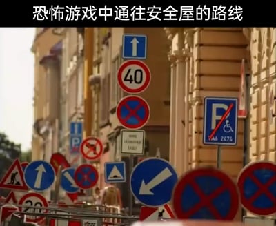 这是一张用于调侃恐怖游戏的搞笑梗图，图片顶部配有文字“恐怖游戏中通往安全屋的路线”，画面主体是一条城市街道，道路上和两侧密密麻麻、杂乱无章地摆放着大量不同类型的交通标识，包括直行、左转、限速40、禁止停车、施工警示、让行、禁止转弯、残疾人专用车位取消等多种标志，这些标识互相堆叠，视觉上给人一种无从下手、极其混乱的感觉。这张图用现实中这种复杂到离谱的路况，精准类比了恐怖游戏里玩家想要前往安全屋时，往往需要面对的各种繁琐、复杂、充满限制的路径设计，以此吐槽恐怖游戏中这类刻意为难玩家的不合理设定，通过现实场景和游戏体验的反差，制造出搞笑的效果。