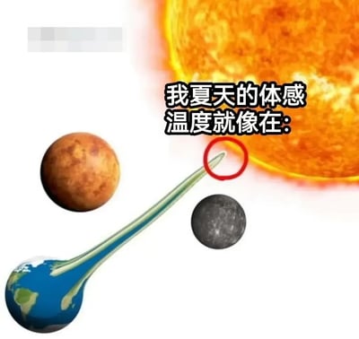 这是一张用来吐槽夏季高温的创意P图，图中将地球夸张地拉伸成类似滴管的形态，其顶端几乎贴近太阳，旁边还配有太阳系中的金星与水星。配文“我夏天的体感温度就像在：”，通过将地球的位置拉到比距离太阳最近的水星、金星还要靠近太阳的位置，用这种极具夸张的视觉效果，具象化地表达出人们在夏季时体感温度极高、仿佛置身于太阳边缘的燥热感受，生动传递出大众面对酷暑时的共鸣。