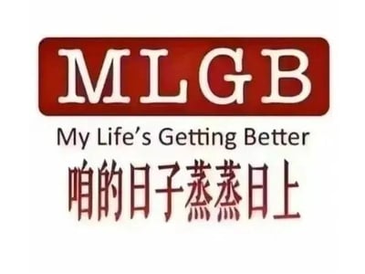 图片主体为一个红色矩形标志，内部以白色大写字母显示“MLGB”，下方依次为黑色英文“My Life's Getting Better”和红色中文“咱的日子蒸蒸日上”。整体设计采用图文混排形式，通过英文缩写与中英文标语结合，传递生活向好的积极寓意。

图片存在明显的双关谐音梗：“MLGB”在网络语境中常被用作不文明用语的缩写，而此处通过英文释义和中文翻译将其重构为积极向上的生活口号，形成反差幽默效果。