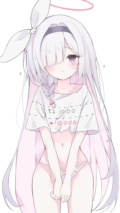 一张动漫风格的插画，描绘了一位有着银白色长发的少女。她戴着黑色发带，头上有一对白色兔耳和一个粉色光环。少女穿着一件白色的短款T恤，上面印有绿色的"↑↓ 1000"和红色爱心图案的"❤️ 10000"字样，T恤下摆有破损设计，露出了腹部。她只穿着白色内裤，双手放在身前遮掩身体，脸颊泛红，眼神低垂，表情显得十分害羞。背景是纯白色，突出显示了人物主体。