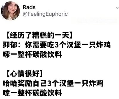这是一张社交媒体截图，展示了用户Rads (@FeelingEuphoric) 的帖子。内容通过对比两种情景制造幽默效果：【经历了糟糕的一天】时，“抑郁”建议吃3个汉堡、一只炸鸡并喝一整杯碳酸饮料；【心情很好】时，则“奖励自己”同样的食物组合。帖子以夸张的方式调侃无论情绪好坏，都用相同的高热量食物来应对的生活态度。