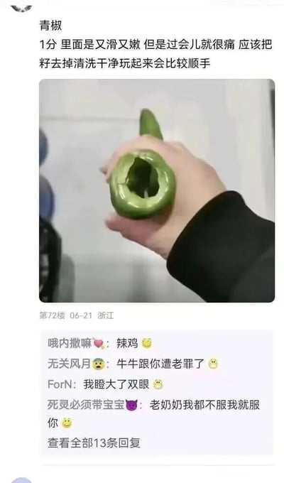 这是一张网络论坛的社交媒体截图，楼主以“青椒”为用户名，发布了一张手持被挖空内部的青椒的实拍图，同时配文用极具暗示性的隐晦语言，描述使用该处理后的青椒的感受，暗示将其作为另类的成人用品，还给出“去掉籽清洗干净玩起来比较顺手”的所谓“使用建议”。在帖子的评论区，其他网友纷纷用调侃、震惊的语气回复，比如“辣鸡”“牛牛跟你遭老罪了”“老奶奶我都不服我就服你”等，表达对楼主这个奇葩且低俗的整活内容的惊讶与调侃，整体内容是网友创作的猎奇搞笑类网络段子，通过隐晦的暗示制造荒诞的笑点。