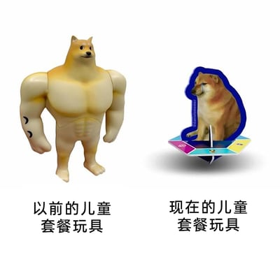 这是一张左右对比类的吐槽meme图，左侧展示的是造型精致、具有完整立体形态的肌肉柴犬实体玩具，下方配文“以前的儿童套餐玩具”；右侧是制作简易的纸质旋转玩具，图案采用了网络流行的流泪柴犬（Cheems）梗图，下方配文“现在的儿童套餐玩具”。通过两者在质感、精致度上的巨大反差，调侃如今快餐品牌的儿童套餐玩具相比以前品质大幅缩水，用网络梗的形式放大了这种落差感，引发网友共鸣。