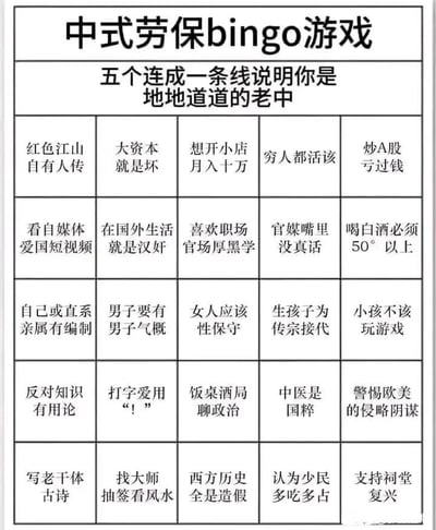 这是一张名为“中式劳保bingo游戏”的静态图文混排图片，整体为表格形式。上方标题为“中式劳保bingo游戏”，副标题写着“五个连成一条线说明你是地地道道的老中”。表格共5x5布局，包含25个格子，每个格子内有不同的短语，如“红色江山自有人传”“大资本就是坏”“想开小店月入十万”“炒A股亏过钱”“喝白酒必须50°以上”“生孩子为传宗接代”等，内容多为对社会现象或刻板印象的调侃与讽刺。
