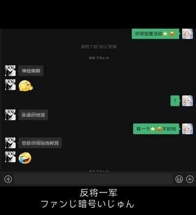 这是一张微信聊天记录静态截图，记录了两位好友之间玩梗互怼的有趣对话。发送绿色消息的用户率先发起话题：“许很锐要当你⭐😡”，同时使用微信的拍一拍功能，内容为“我拍了拍'冰山'的屎”；对方回复“神经病啊”并搭配捂脸表情，随后提到被打码的“树洞”一词，发送绿色消息的用户发出疑惑的问号，接着追问“有一个⭐😡不好吗”，对方则反将一军，让发起话题的用户去给别人当树洞，还发送了笑哭表情。截图底部配有“反将一军”的文字总结以及日文标注，完整呈现了好友间轻松搞笑的互动，对方的回复将话题反转抛回给发起者，制造出幽默的效果。
