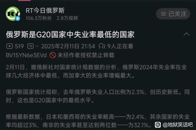 这是一张社交媒体截图，内容为RT今日俄罗斯发布的关于俄罗斯失业率的新闻。截图显示俄罗斯2024年失业率为2.3%，创历史新低，同时也是G20国家中最低水平。对比数据显示日本和墨西哥失业率为2.4%，南非则高达32.1%。