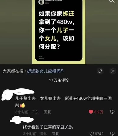 这是一张国内社交平台的评论区截图，上方是用户发起的提问：如果家中拆迁拿到480万，家中有一个儿子一个女儿应当如何分配。下方显示相关搜索为“拆迁款女儿应得吗”，共有1.1万条评论。获赞最高的第一条评论来自广东的匿名用户，调侃称要让儿子入赘出去、女儿嫁出去，把彩礼加480万全部梭哈玩三国杀，获3.2万点赞；第二条获赞9千多的评论来自河北匿名用户，调侃称这才是正常的家庭关系。两条评论的发布者昵称都做了白色打码处理。