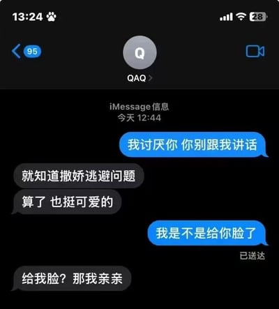 这是一张苹果iMessage的竖屏聊天记录截图，对话发生在一对处于亲密关系的两人之间。对话起始于蓝色气泡发送者闹别扭式的发言“我讨厌你 你别跟我讲话”，灰色气泡发送者先是调侃对方“就知道撒娇逃避问题”，随即又软下来表示“算了 也挺可爱的”，尽显宠溺；蓝色气泡发送者继续假装强硬“我是不是给你脸了”，灰色气泡发送者则用亲昵的“给我脸？那我亲亲”回应，将打情骂俏的甜蜜氛围拉满，生动展现了情侣间轻松亲昵的相处模式。