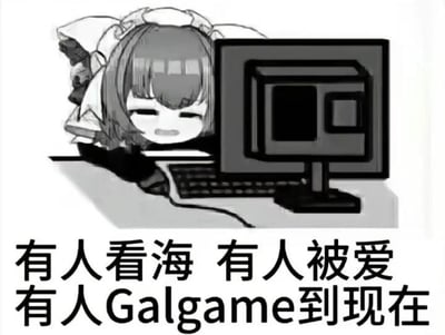 黑白卡通风格图像中，一位身着女仆装的短发少女趴在电脑前，双眼微眯，神情专注地盯着显示器，双手放在键盘上，似乎正沉浸在游戏中。图片下方配有文字“有人看海 有人被爱 有人Galgame到现在”，通过三组不同场景的对比——浪漫的看海、甜蜜的被爱与沉迷Galgame的状态，幽默地展现了部分玩家专注于美少女游戏的日常，带有自嘲和调侃的意味。
