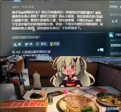 这张图为图文混排的合成内容，上半部分是某GAL游戏评测区的用户评论截图，用户以激动又心酸的语气倾诉，自己因童年缺爱、不懂与人相处，只能通过玩GAL游戏来弥补现实中缺失的亲情、爱情与友情，甚至激动地说出“不如把我杀了”的话语，评论下方的投票显示437人认为该评论有价值，62人觉得欢乐；下半部分是餐厅用餐场景的实拍图，桌面上摆放着烤肉、小菜等食物，还被P上了GAL游戏《千恋*万花》中的角色丛雨，她睁大眼睛、嘴巴张开，呈现出惊讶或激动的表情，仿佛在回应上方的评论。整体将玩家的心酸自述与可爱的游戏角色结合，既有共情点又带有一丝戏谑感。