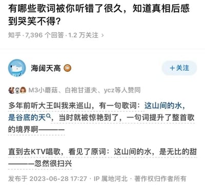 这是一张知乎平台的回答截图，对应问题为“有哪些歌词被你听错了很久，知道真相后感到哭笑不得？”。答主“海阔天高”分享了自己的真实经历：多年前听歌曲《大王叫我来巡山》时，将原歌词“这山间的水，是无比的甜”误听为“这山间的水，是谷底的天”，被误听版本的歌词所营造出的意境惊艳，认为其提升了整首歌的境界；直到去KTV唱歌看到原词后，瞬间感到扫兴，这种从惊艳到失落的巨大反差，完美契合了问题中“哭笑不得”的感受。