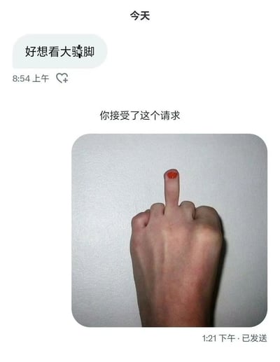 图片展示了一个聊天界面截图，上方显示"今天"时间戳，接着是一条消息"好想看大驫脚"，发送于8:54上午。中间显示"你接受了这个请求"的提示文字。下方是一张图片回复，内容为一只手的特写，其中拇指指甲涂成红色，正向上指着，图片发送时间为1:21下午。

图片中存在文字游戏，"大驫脚"中的"驫"是由三个"马"组成的生僻字，与"脚"组合形成幽默效果，而回复的手势图片则以拇指指代"大"的概念，形成趣味性回应。