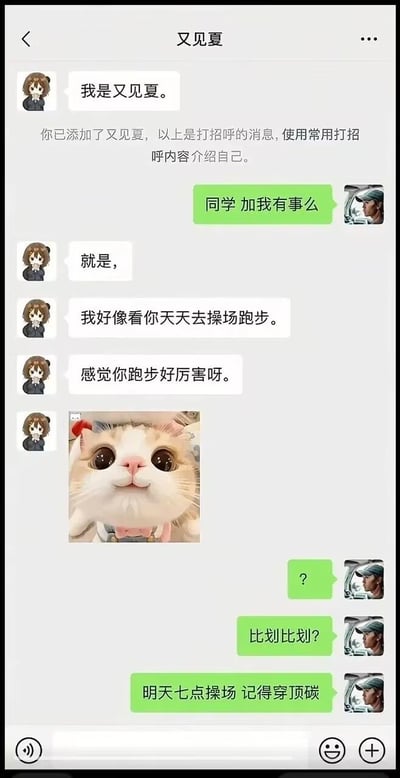 这是一张竖屏手机格式的微信聊天记录截图，昵称“又见夏”的女生刚刚添加男生为微信好友，女生自我介绍后，表示自己经常看到男生去操场跑步，夸赞男生跑步很厉害，说完发送了一张大眼睛软萌猫咪的表情包；男生误解了女生搭讪的意图，疑惑回复问号后，提出和女生比试跑步，约定明天七点在操场见面，还提醒女生记得穿顶级碳板跑鞋。