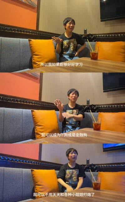 三连拍的聊天场景梗图，一男子坐在餐厅沙发位置，表情认真地阐述：“所以我如果能够好好学习，就可以成为IT狗或者金融狗，就可以不用天天和各种小姐姐打炮了。”整体是在半开玩笑地自嘲行业职业身份和亲密关系之间的选择与无奈，反映现代社会对于“努力改变命运”与情感生活的调侃观点。

画面中“IT狗”“金融狗”属于网络流行自嘲语，表达相关行业工作人的辛苦与无力；涉及“打炮”属于网络俚语，暗示对工作之外生活的调侃和理想追求。整体语境幽默而略带自嘲。