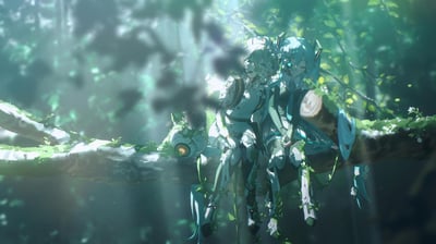 画面展现了一个充满神秘感的森林场景，阳光透过茂密的树叶形成斑驳的光束，照亮了坐在粗壮树枝上的两个机械少女。她们有着蓝色的长发，身体覆盖着精密的机械装甲，却与周围的自然环境和谐共存——青苔和藤蔓缠绕在她们的身体和武器上，仿佛科技与自然在这里达成了完美平衡。整体氛围静谧而唯美，机械的冰冷质感与森林的生机盎然形成鲜明对比又奇妙融合。