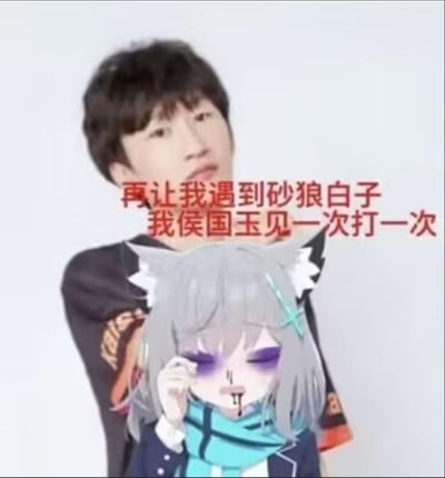 这是一张跨圈拼贴梗图，背景是前英雄联盟职业选手侯国玉的真人照片，他摆出严肃的姿态；前景是手游《蔚蓝档案》中的高人气角色砂狼白子，被修改成鼻青脸肿、嘴角流鼻血的受伤状态，一只手揉着眼睛。图中配有红色文字：“再让我遇到砂狼白子 我侯国玉见一次打一次”，用夸张戏谑的方式将电竞圈和二次元圈的元素结合玩梗，没有双关或谐音梗。
