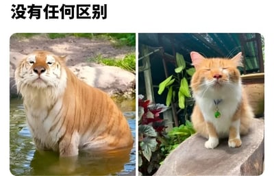 这是一张左右对比图，左侧是一只老虎坐在浅水中，身体大部分浸在水里，头部微微后仰，表情放松；右侧是一只橘白相间的猫咪，戴着带有绿色吊坠的项圈，坐在石头上，双眼紧闭，头部同样后仰，姿态与左侧老虎高度相似。图片顶部配有文字“没有任何区别”，通过夸张的对比手法，幽默地暗示老虎和猫咪在该姿势下的一致性，营造出搞笑的效果。