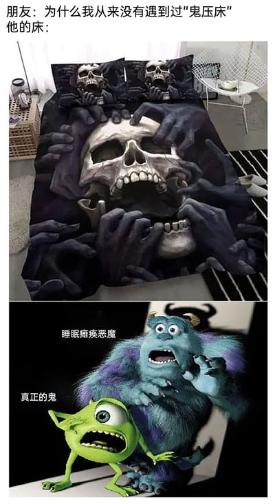 这是一张上下拼接的搞笑梗图，上方先呈现朋友的疑惑提问“为什么我从来没有遇到过‘鬼压床’”，紧接着展示他的床——铺着一张视觉冲击力极强的3D恐怖床单，床单上印有巨大的骷髅头，多只鬼手仿佛要将骷髅从布料中拉扯出来，画面惊悚；下方则是迪士尼皮克斯动画《怪兽电力公司》中的两个经典角色：被标注为“睡眠瘫痪恶魔”的毛怪苏利文一脸惊恐地捂嘴后退，被标注为“真正的鬼”的大眼仔麦克也吓得失态，用手捂住自己的眼睛，身体做出逃跑姿态。整张图用反差感制造笑点，调侃不是没遇到鬼压床，而是造成鬼压床的“睡眠瘫痪恶魔”被这张过于恐怖的床单图案吓跑了，用夸张的逻辑带来搞笑效果。