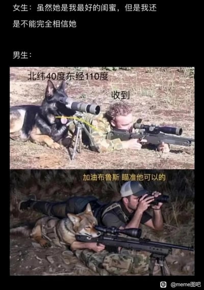 这是一张多图拼接的搞笑meme图，上方文字呈现女生的内心想法：虽然对方是自己最好的闺蜜，但还是无法完全信任她；下方用两张经过创意改编的图片来具象化男生的回应，将女生对闺蜜的小猜忌夸张成严肃的军事狙击行动：第一张图里，狗狗趴在三脚架的望远镜前，配文“北纬40度东经110度”，旁边的士兵持枪回应“收到”，模拟军事行动里的报点与回应；第二张图里，狗狗趴在狙击枪前，旁边的观察员配文“加油布鲁斯 瞄准他可以的”，把狗狗塑造成执行任务的狙击手，用这种荒诞硬核的场景放大日常的小情绪，制造出反差感拉满的搞笑效果，调侃了女生之间闺蜜关系里常见的小防备心理。