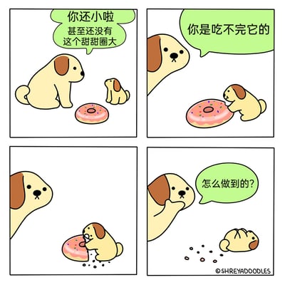 这是一则四格萌系搞笑漫画，第一格中，大狗看着体型比粉色甜甜圈还小的小狗，调侃它连甜甜圈都比它大；第二格，大狗笃定小狗不可能吃完整个甜甜圈，而小狗已经开始抱着甜甜圈啃食；第三格，小狗专注地啃着甜甜圈，已经咬下了一块；第四格，甜甜圈只剩下少许碎屑，小狗吃得圆滚滚地躺在地上，大狗则托着下巴，满脸惊讶地询问小狗是怎么做到的。漫画以可爱的动物形象和反转的情节，营造出轻松治愈又搞笑的氛围。