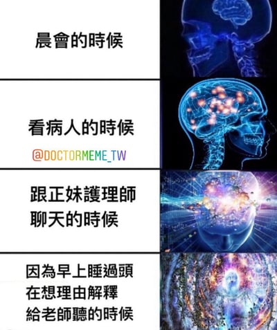 该图为四格图文拼接的静态梗图，每格左侧为中文文字描述场景，右侧为对应场景下的大脑扫描图像，通过大脑活跃度的夸张对比制造幽默效果。第一格“晨会的时候”对应蓝色低活跃度大脑；第二格“看病人的时候”大脑出现少量红色活跃点；第三格“跟正妹护理师聊天的时候”大脑呈现多色爆发式活跃；第四格“因为早上睡过头在想理由解释给老师听的时候”大脑活跃度达到顶峰，呈现复杂绚烂的漩涡状色彩。