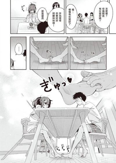 这是一组日式恋爱漫画分镜，场景设定在餐厅内：一开始有旁人对男生叮嘱要好好照顾妹妹，还关心两人的兄妹关系是否有所缓和，男生表面上回应“那是当然”“慢慢有在变好了”，但桌下的两人却在用脚偷偷进行暧昧互动——从试探性的触碰，到紧紧地握在一起，女生脸红害羞，男生也满脸紧张冒汗，和表面的兄妹设定形成强烈反差，充满了甜腻的暧昧氛围，没有双关或谐音梗，主打伪兄妹的禁忌恋爱感。