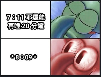 四格漫画形式的搞笑起床场景。左上格白色背景配黑色文字“7:11 耶還能再睡20分鐘”，展现侥幸心理；右上格是绿色卡通角色蜷缩成一团的安详睡颜；左下格白色背景显示“*8:09*”，暗示时间流逝；右下格是极度震惊的瞪大双眼特写，瞳孔收缩，眼白布满血丝，形成从放松到慌张的强烈情绪反差，生动还原睡过头后的惊恐瞬间。