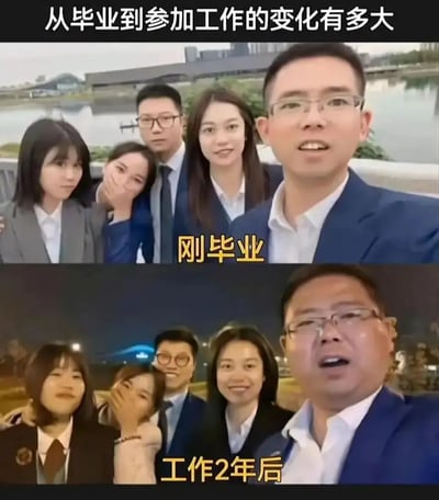 这张图片通过上下两张合照对比展现同一群人在毕业和参加工作两年后的变化。上半部分是在白天拍摄的毕业合影，成员们穿着职业装，显得神采奕奕；下半部分则是同一群人在工作两年后，夜晚的合影，依然穿着正装，但气质略显疲惫和沧桑。整体展示了职场生活带来的身心变化，有明显的自嘲和调侃意味，符合广大打工人、毕业生的共鸣。