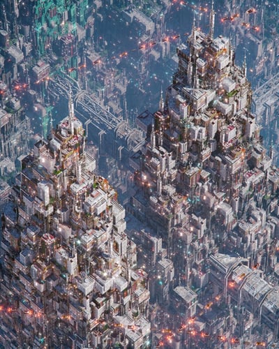这是一幅壮观的未来主义都市景观艺术作品，展示了一个高度发达的垂直城市。画面中充满了高耸入云的摩天大楼，这些建筑形态各异，层层叠叠地向上延伸，形成了一个密集而复杂的城市生态系统。建筑物之间有各种空中桥梁和通道相互连接，整个城市被无数发光的窗户和灯光点缀，呈现出一种繁华而梦幻的视觉效果。从构图上看，这幅作品采用了俯瞰视角，让观者能够欣赏到整个城市的宏伟布局和错综复杂的结构细节。画面色调以深蓝和青色为主，搭配建筑物透出的暖黄色灯光，营造出典型的赛博朋克美学氛围。