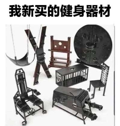 图片上方配有黑色粗体文字“我新买的健身器材”，下方拼贴了多种造型诡异的器械，包括带铁链的悬挂式装置、X形交叉束缚架、带圆形孔洞的木质椅子、圆形铁制牢笼状物体等。这些器械实际均为历史上的酷刑装置，却被幽默地伪装成“健身器材”，通过强烈的语义反差制造笑点，调侃健身器材可能带来的“痛苦”体验或夸张外观。