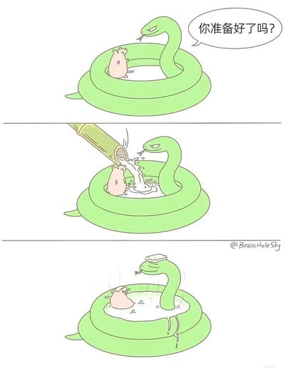 这是一组三格连环脑洞漫画，第一格中，一条绿色的蛇将身体盘成环形容器，容器内站着一只粉色小老鼠，蛇吐着信子，表情严肃地对老鼠问道“你准备好了吗？”；第二格中，一根竹筒对准蛇盘成的容器开始注水，水流浇在老鼠身上，老鼠抬头看向水流；第三格中，蛇盘成的容器内注满了冒着热气的水，蛇的头顶被盖上一个类似锅盖的物品，蛇的身体因被水撑胀而裂开漏水，粉色小老鼠则惬意地泡在热水中，漫画将蛇的身体巧妙联想为汤锅容器，通过无厘头的情节制造出荒诞搞笑的冷幽默反差效果。