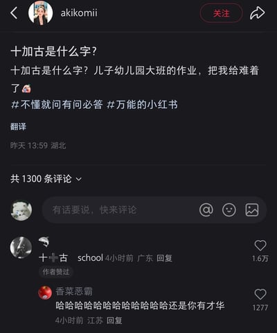 这是小红书用户akikomii发布的一条求助帖，内容为自己被儿子幼儿园大班的作业“十加古是什么字”难住，于是在小红书发帖求助，附带#不懂就问有问必答 #万能的小红书 两个话题标签。评论区出现一条高赞趣味回答，将“十+古”对应英文单词“school”，利用谐音梗给出了脱离常规汉字组合的答案，该评论获得1.6万点赞，还有其他用户评论称赞这个回答有才华，整体是家长在育儿过程中遇到作业难题求助，网友用玩梗方式回应的趣味内容。