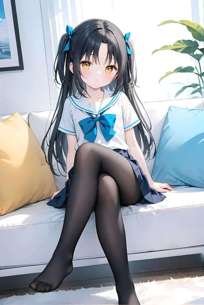 图中是一位动漫风格的少女，她有着黑色长发，扎着双马尾，发尾系着蓝色蝴蝶结。少女有着黄色的眼睛，皮肤白皙，穿着白色水手服上衣，领口和袖口有蓝色镶边，胸前系着大蓝色蝴蝶结，搭配深蓝色百褶短裙和黑色长筒袜。她双腿交叉坐在白色沙发上，沙发上有黄色和蓝色的靠枕。背景中可以看到窗边的绿色植物和墙上挂着的一幅风景画，整体画面明亮清新，充满二次元可爱风格。