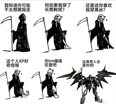 这是一幅由六格画面组成的连环梗图，以经典的黑袍持镰死神为起点展开趣味剧情。第一格中，传统形象的死神站在画面中，配文“我知道你可能不太想跟我走”，表现出人类对死亡的抗拒；第二格死神露出穿着长筒靴的腿部，试图以此吸引人类，配文“但如果我穿了长筒靴呢？”；第三格死神进一步露出穿着黑丝的腿部，配文“还是说你喜欢我穿黑丝？”，猜测人类的喜好；第四格死神露出尾巴，似乎看穿了人类的特殊喜好，配文“这个人XP好奇怪哦”；第五格死神直接变成兽耳娘的形态，带着吐槽的语气配文“你tm福瑞控是吧”；第六格画风突变，死神直接变身为《新机动战记高达W》中的地狱死神高达，配文“这真男人总喜欢吧！”。整幅图通过死神不断变换形态投其所好的过程，调侃了二次元、福瑞控、机甲爱好者等不同亚文化群体的独特喜好，用夸张的转折制造出荒诞搞笑的效果。